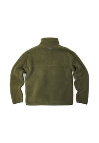 Grüner Fleecepullover mit hohem Kragen, strukturierter Oberfläche und langen Ärmeln. Verfügt über eine horizontale Naht im oberen Rückenbereich.