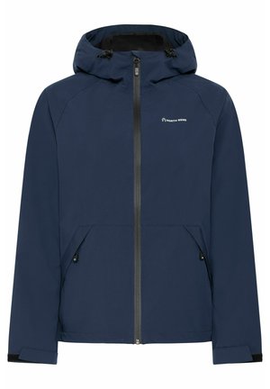 Giacca impermeabile blu navy con zip completa, cappuccio regolabile, tasche laterali e logo sul petto. Texture liscia e design minimalista.