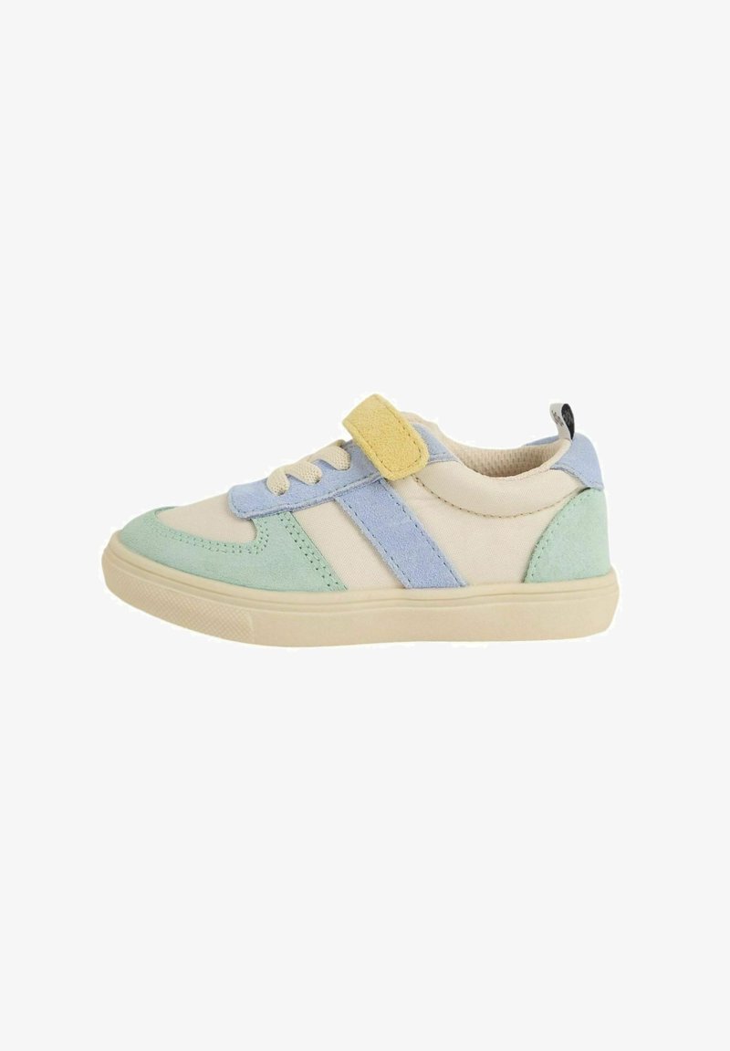 Beige and pastel green sneaker featuring a blue suede stripe and a yellow Velcro strap. Rubber sole with a textured finish.
