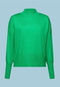 Pull en maille vert vif à manches longues avec poignets, ourlet et col montant côtelés, présenté sur un fond bleu clair.