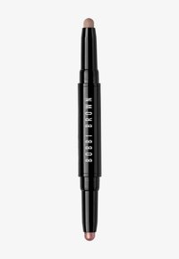 Doppelseitiger Make-up-Stift in eleganter schwarzer Verpackung mit einem matten Taupe- und einem schimmernden Rosé-Ende. Klare Markenbezeichnung in weißem Text.