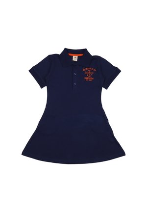 Navy-blaues Polokleid aus Baumwolle, mit kurzen Ärmeln, einem Kragen und einem gestickten Design in Orange, das Text und ein grafisches Element auf der Brust zeigt.