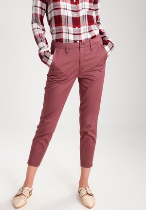 Maroon chinos med en skräddarsydd passform, med sidofickor och en slät yta, kombinerade med en röd- och vitrutigt skjorta med knappar.