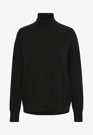Black turtleneck sweater, featuring a relaxed fit, long sleeves, ribbed cuffs, and smooth knit texture. Hemline slightly curved.