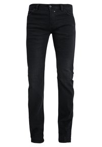 Svarta jeans i denim med slim fit, med dragkedja, fem fickor och små slitna detaljer på framsidan. Mjuk textur.