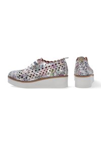 Multicolored platform shoes with a perforated design, metallic sheen, and white rubber soles. Features lace-up closure and scalloped edges.