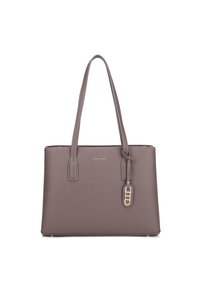 Borsa a spalla sintetica grigia con due manici lunghi, un design strutturato, un logo dorato frontale e un charm staccabile. Texture liscia.