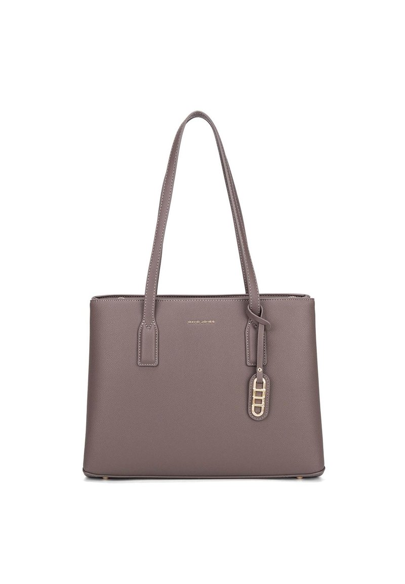 Borsa a spalla sintetica grigia con due manici lunghi, un design strutturato, un logo dorato frontale e un charm staccabile. Texture liscia.