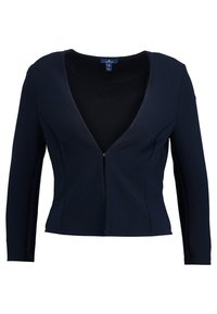 Modrý dámský blazer s dlouhými rukávy, těsně padnoucí, s hlubokým V výstřihem a předním zipem.