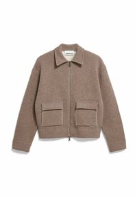 Bruine wollen bomberjack met een ritssluiting aan de voorkant, een kraag en twee zakken aan de voorkant. Heeft een gestructureerde afwerking en een cropped ontwerp.