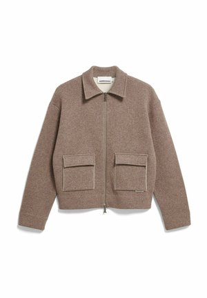 Braune Bomberjacke aus Wolle mit einem Reißverschluss vorne, einem Kragen und zwei Taschen auf der Vorderseite. Verfügt über ein strukturiertes Finish und ein kurzes Design.