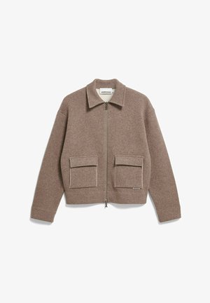 Braune Bomberjacke aus Wolle mit einem Reißverschluss vorne, einem Kragen und zwei Taschen auf der Vorderseite. Verfügt über ein strukturiertes Finish und ein kurzes Design.