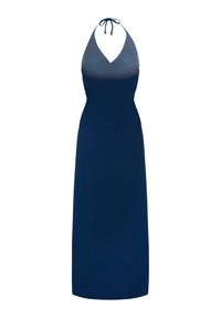 Námořnická modrá halter maxi šaty s přiléhavým živůtkem a volnou sukní. Obsahují shromážděný přední díl a zavazování na krku. Hladká látka.