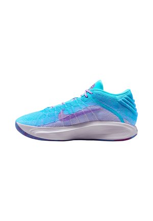 Chaussure de sport légère en maille dégradée aqua et violet, avec une tige texturée, une semelle intermédiaire blanche et une semelle extérieure en caoutchouc présentant un motif vibrant.
