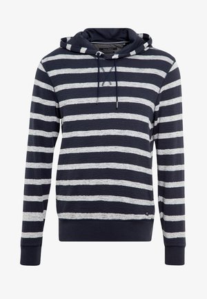 Bluza z kapturem w kolorze granatowym i białym, poziomo w paski, z długimi rękawami i regulowanym sznurkiem.