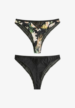 Schwarze Unterwäsche mit Spitzenbesatz, die ein florales Muster im oberen Bereich und ein einfarbig schwarzes Unterteil aufweist, mit detaillierten Nähakzenten.