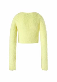 Svetlucavi žuti kratak pulover dugih rukava, napravljen od mekog, pahuljastog materijala. Ima okrugli izrez i rebraste rukave. Prilagođene dužine.