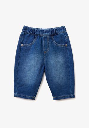 Pantaloni in denim blu scuro per bambini piccoli con vita elastica, tasche frontali, dettagli di cucitura e bottoni decorativi lungo i bordi delle tasche.