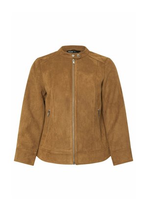 Braune Wildlederjacke mit Stehkragen, vorne mit Reißverschluss und zwei Seitentaschen. Glatte Textur und taillierte Passform mit Nahtdetails.