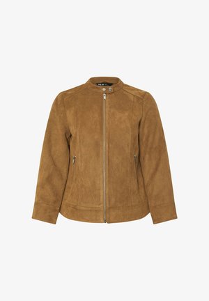 Bruine suède jas met een opstaande kraag, ritssluiting aan de voorkant en twee zijzakken. Zachte textuur en een getailleerde pasvorm met naaddetails.