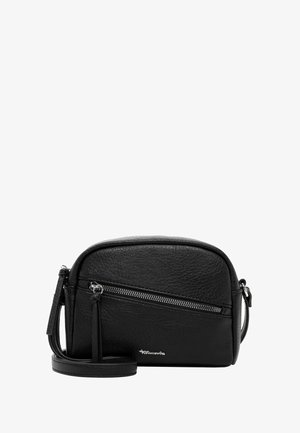 Černá kabelka přes rameno z faux kůže zaobleného tvaru, s nastavitelným popruhem, horním zipovým uzavřením a diagonálními zipovými kapsami na přední straně.