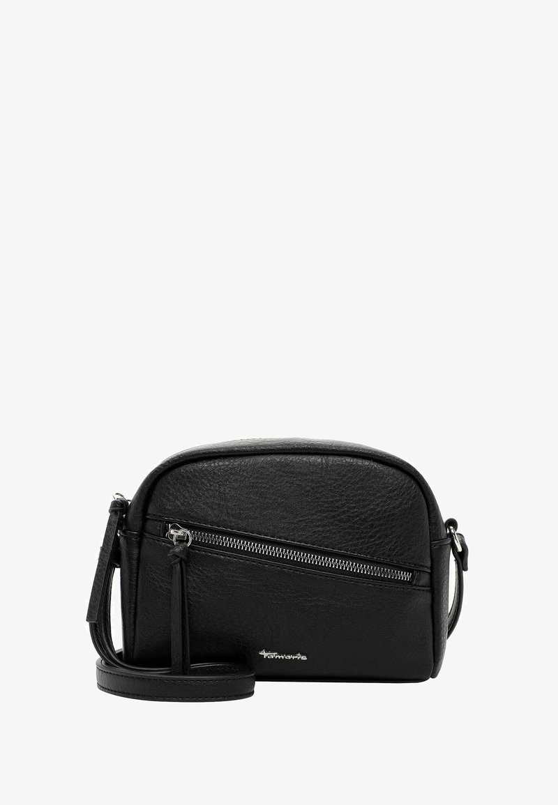 Borsa a tracolla in pelle sintetica nera con forma arrotondata, tracolla regolabile, chiusura superiore con zip e tasca con zip diagonale sul davanti.