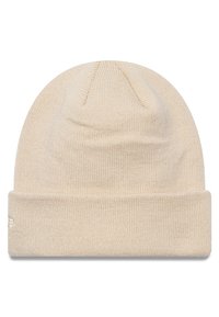 Berretto in maglia beige con risvolto e sottile trama a costine. Presenta un piccolo logo sul lato, realizzato in un tessuto morbido.