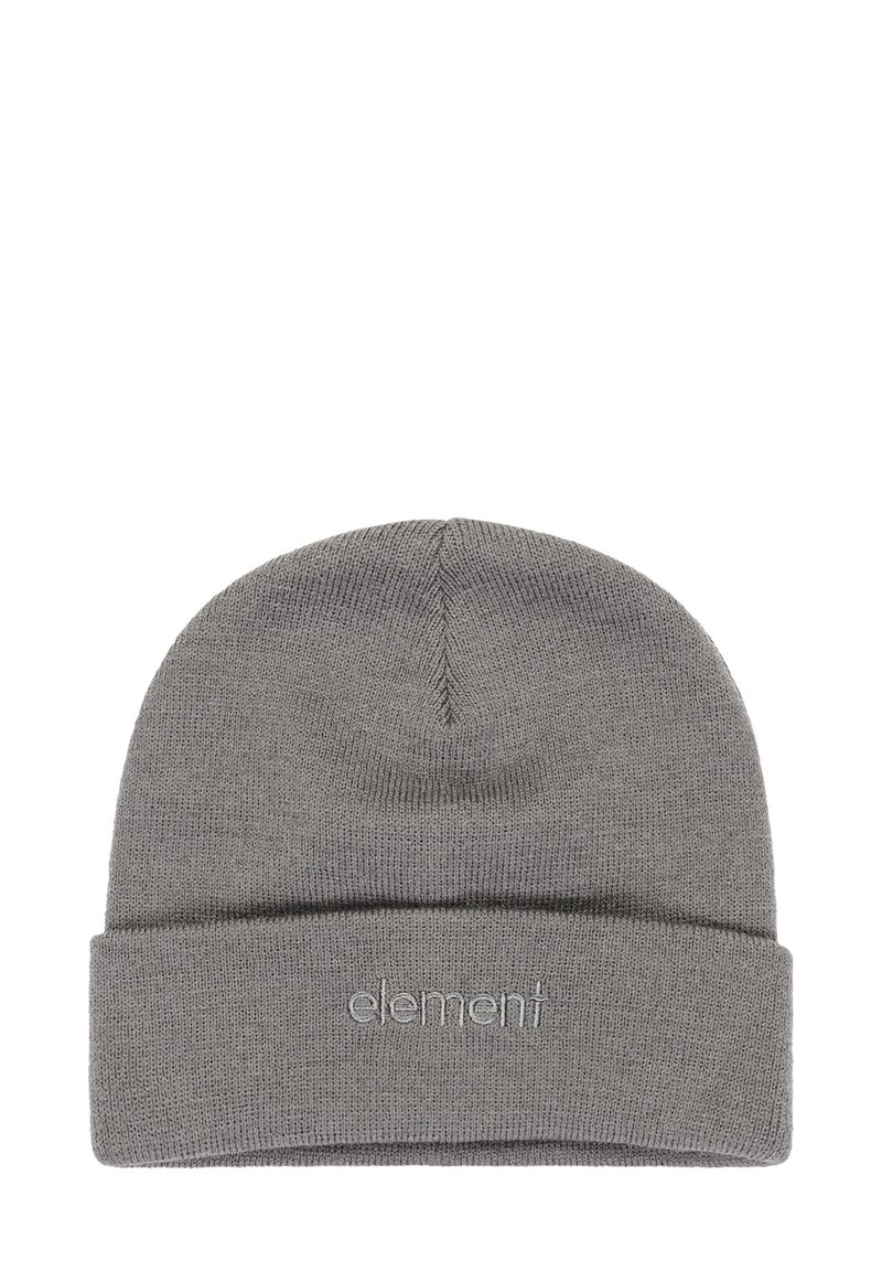 Šedá pletená čiapka s prehnutým lemom a jemným logom. Vyrobená z mäkkého, elastického materiálu s jednoduchým, bezšvovým dizajnom.