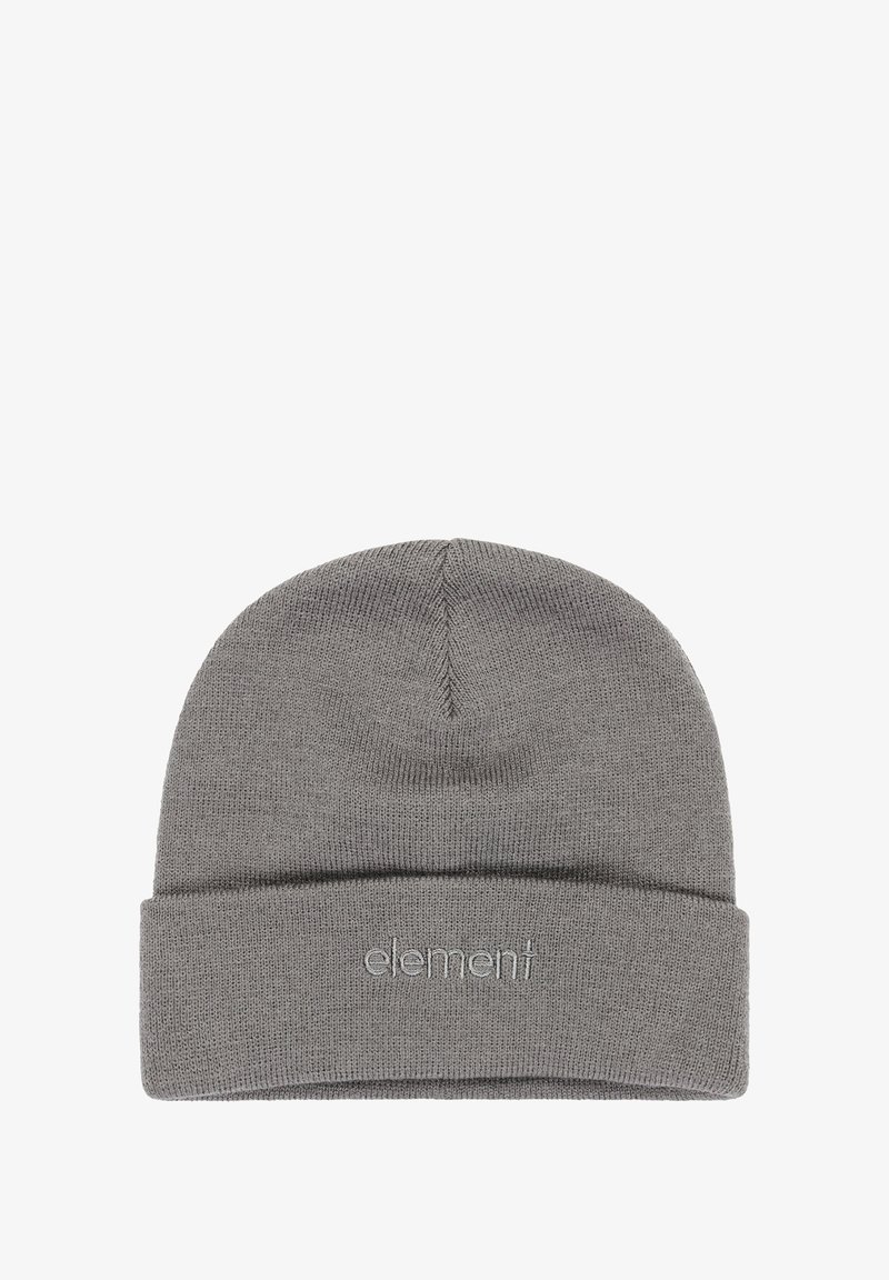 Gray knit beanie featuring a folded cuff and subtle logo detail. Made of soft, stretchy material with a simple, seamless design.