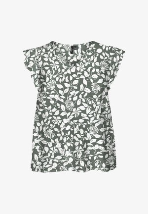 Grøn bluse med V-udskæring, der har et blomstret hvidt mønster, korte flæseærmer og en løs pasform. Glat, letvægtsstof.