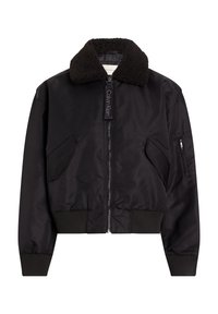 Blouson aviateur noir avec un col en fourrure noire duveteuse. Il présente une fermeture éclair à l'avant, des poignets côtelés et des poches latérales, confectionné dans un matériau lisse.