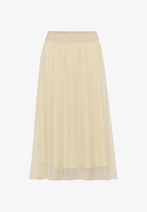 Beige midi-rok gemaakt van lichte, vloeiende stof. Heeft een elastische tailleband en een geplooide textuur over de gehele rok.