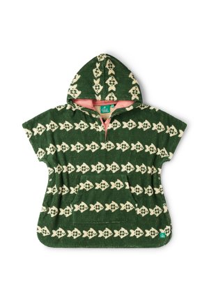 Green hooded toddler poncho with cream fish pattern, front pocket, and pink inner lining.