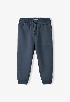 Navy blue sweatpants made from soft fabric, featuring an elastic waistband, adjustable drawstring, and side pockets. Small heart logo detail.