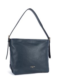 Borsa a spalla in pelle blu navy con finitura testurizzata, dettaglio logo dorato e una lunga tracolla regolabile per opzioni di trasporto versatili.