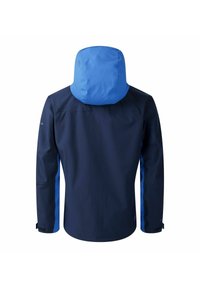 Men's navy blue jacket with bright blue hood and side panels, shown from the back, with long sleeves and adjustable cuffs.