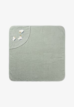 Light green towel with a soft, textured surface and three embroidered ducks in the corner. Rounded corner with contrasting edge.