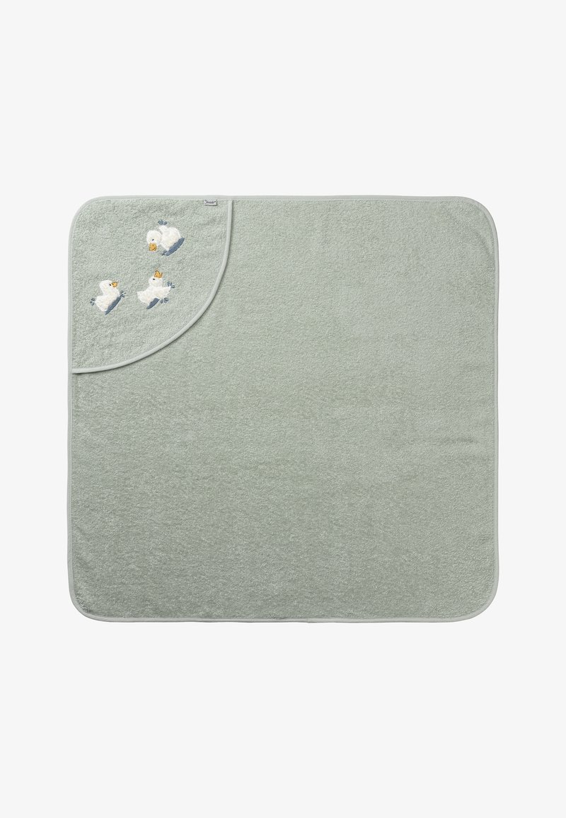 Light green towel with a soft, textured surface and three embroidered ducks in the corner. Rounded corner with contrasting edge.