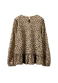 Bež dolg rokav vrh z leopardjim vzorcem, peplum robom in zaklepom na hrbtni strani v obliki ključavnice. Narejen iz mehkega blaga z teksturiranim videzom.