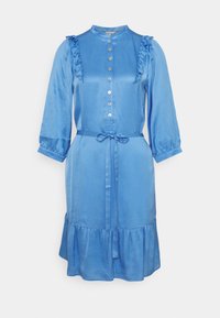 Light blue satin dress with puffed three-quarter sleeves, buttoned front, ruffle details on shoulders, waist tie, and flared hem.