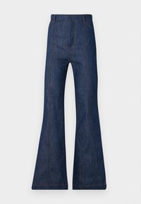 Mörkblå denim-flared jeans med hög midja, med synliga sömmar och två framfickor. Slät textur och vid benöppning.