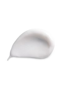 Weiße Creme oder Lotion mit einer glatten, glänzenden Textur, geformt wie ein Tropfen, mit einer leicht spitzen Spitze und abgerundeten Kanten.