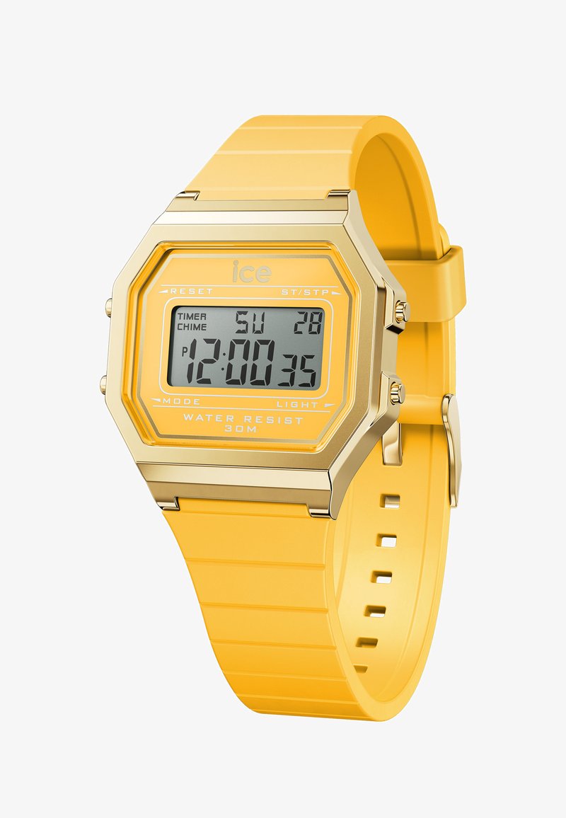 Cyfrowy zegarek z żółtym silikonowym paskiem i złotymi akcentami. Prostokątna tarcza wyświetla czas, stoper oraz datę. Wodoodporny do 30m.