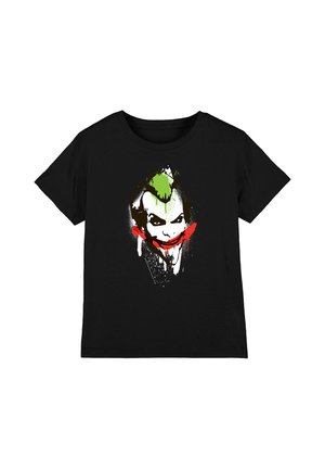 Black t-shirt featuring a stylized face with green hair, white skin, dark eyes, and a wide red smile resembling a painted clown.