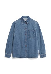 Lichtblauwe denim overhemd met een puntkraag, volledige knoopsluiting aan de voorkant met bruine knopen, borstzak aan de linkerkant en lange mouwen.