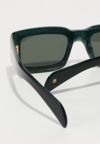Ochelari de soare pătrați cu rame transparente de culoare verde închis, lentile gri și brațe negre, lustruite. Prezintă un logo aurit pe partea interioară a brațului.