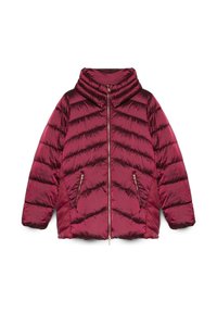 Burgunderfarbene Steppjacke mit hohem Kragen, gestepptem Muster, Reißverschluss vorne und zwei Seitentaschen. Glänzender Stoff mit glatter Textur.