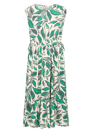 Robe sans manches avec un col rond, présentant un motif de feuilles vertes sur un fond crème, une taille élastique et une jupe à plusieurs niveaux.