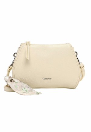 Krydskrods taske i cremefarvet læder med tekstureret overflade, sølv hardware og et lille blomstret tørklæde bundet til den aftagelige rem.