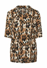 Top leopard print marrone e bianco con maniche corte, scollatura a V e colletto a punta. Tessuto leggero con una finitura testurizzata.